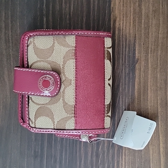 Coach Handbags - NWT!  Signature C Coach Wallet, Khaki with Cranberry Stripe